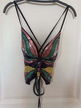 Sequin Butterfly Tie-Front Crop Top in Pastel Multicolor